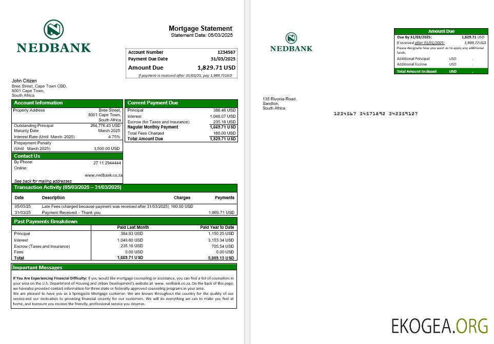 Relevé hypothécaire de la Nedbank en Afrique du Sud aux formats Word et PDF